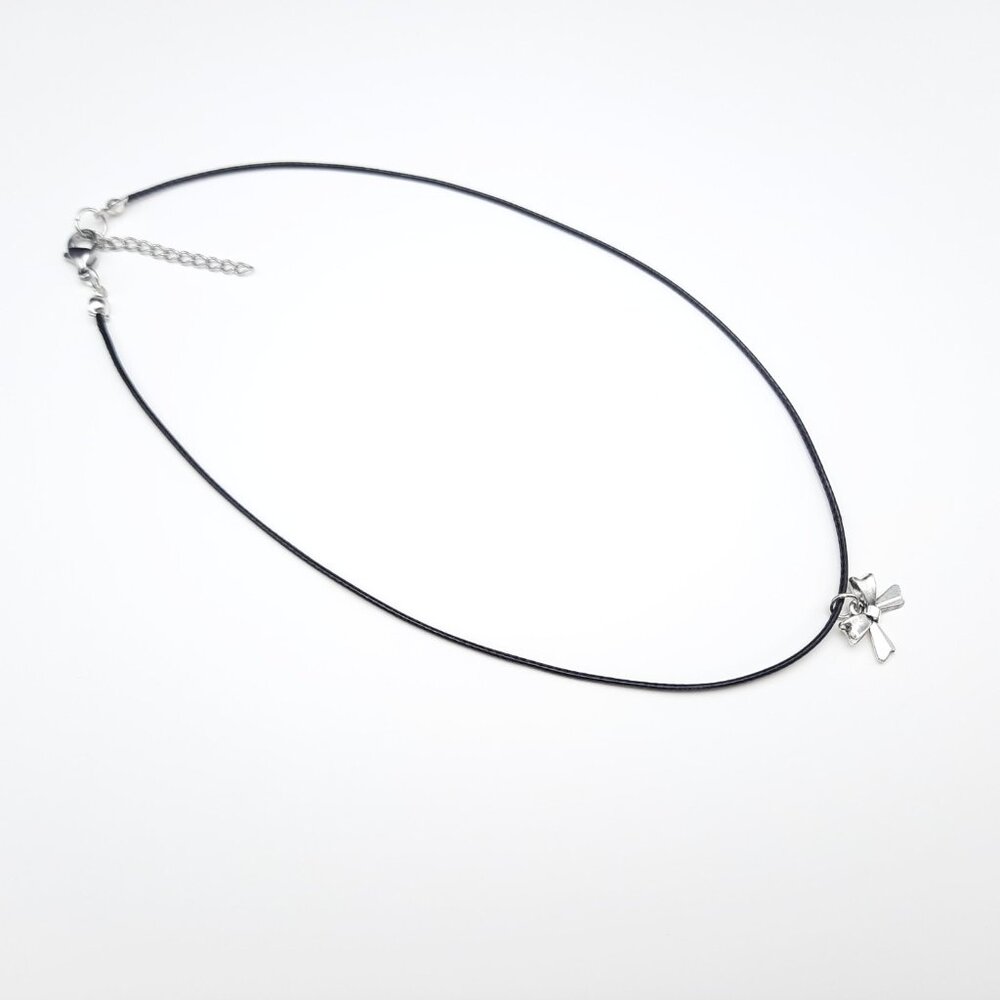 Bow Cute Feminine Minimalist Black Adjustable Cord Necklace Handmade Jewelry - Picture 4 of 7